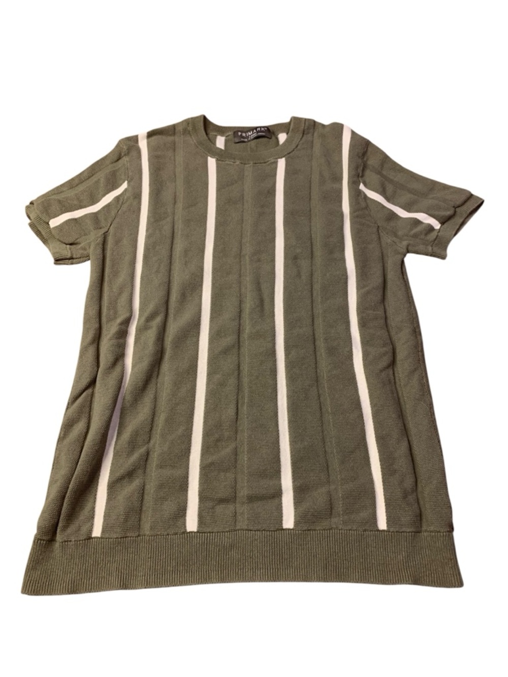 Primark Men’s Olive Green Vertical Stripe Knit T-Shirt - Size Large